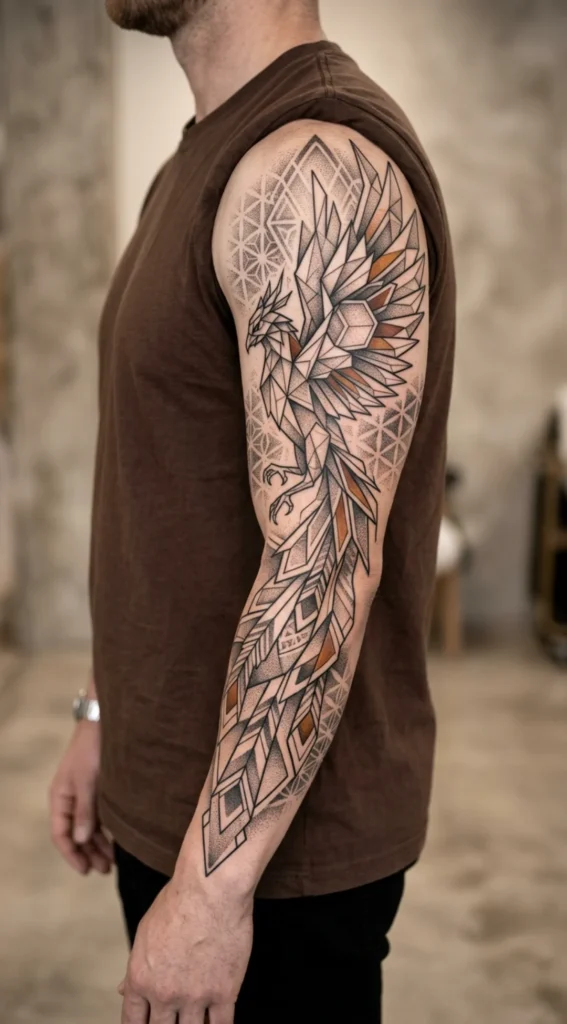 Geometric Full Sleeve Phoenix Tattoo