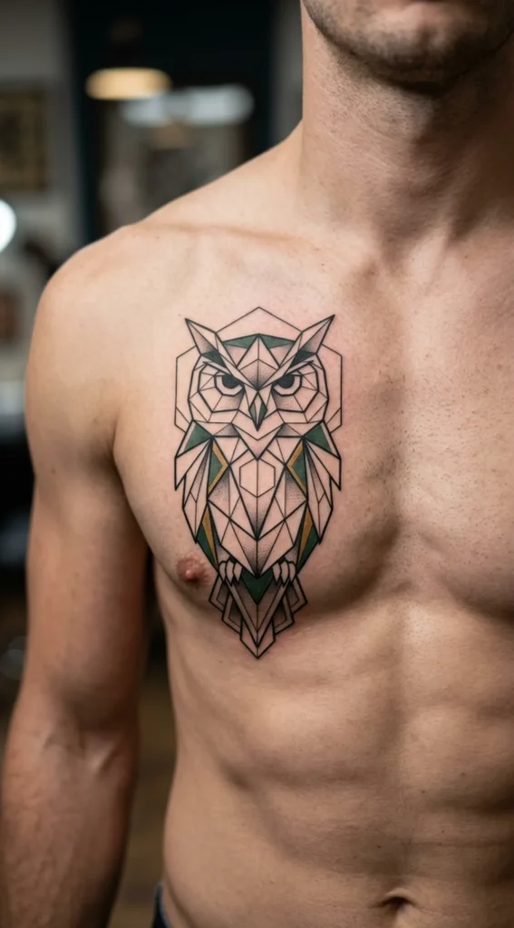 Geometric Owl Chest Tattoo