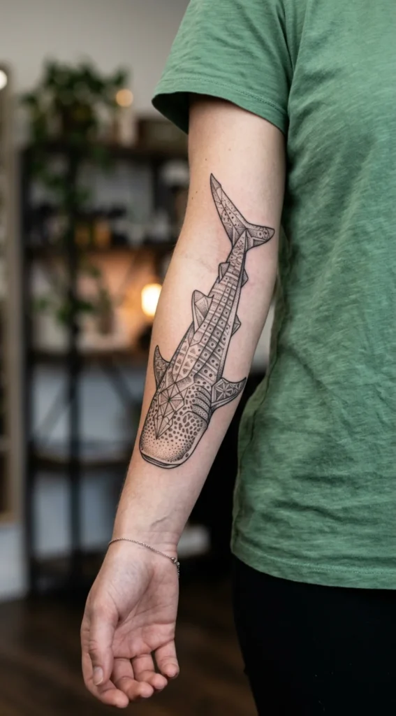 Geometric Whale Shark with Dotwork Accents