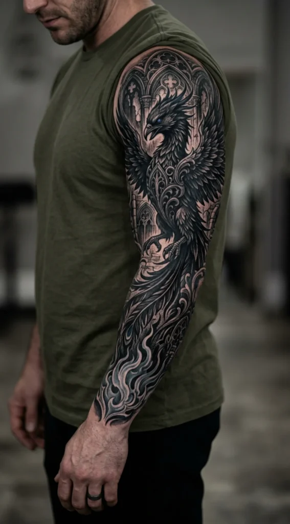Gothic Full Sleeve Phoenix Tattoo