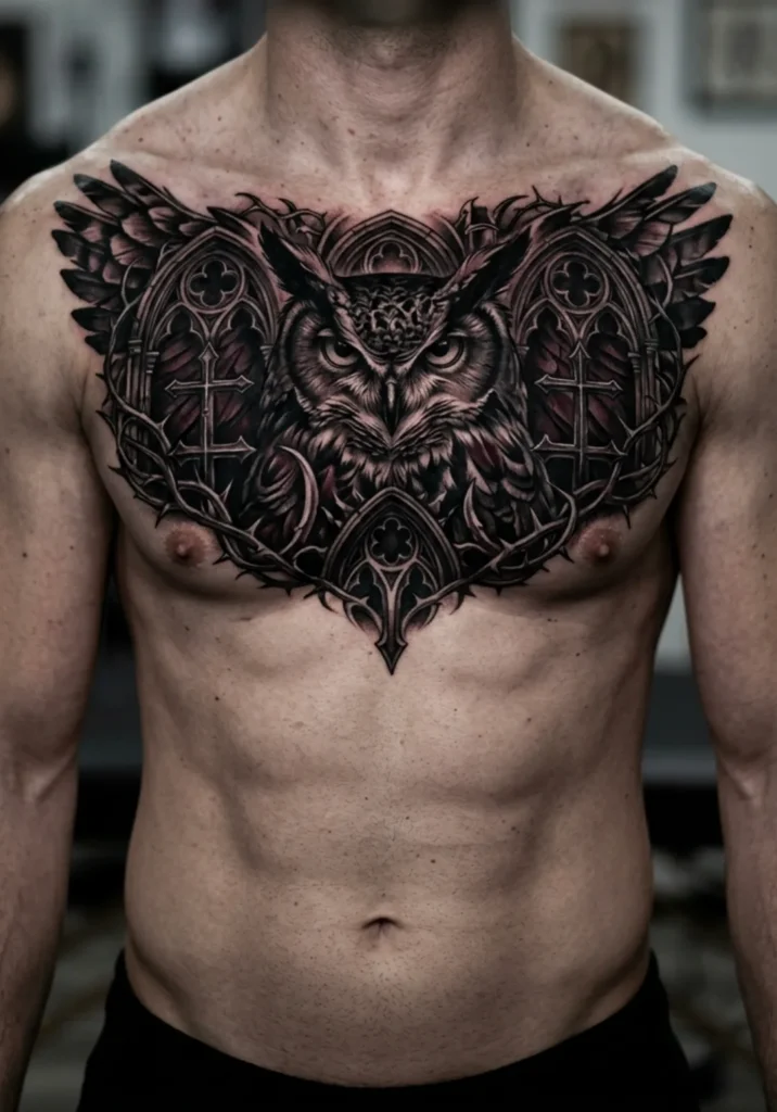 Gothic Owl Chest Tattoo