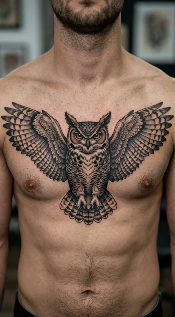Great Horned Owl Chest Tattoo