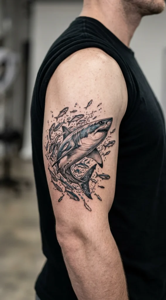 Great White Shark Hunting a School of Fish