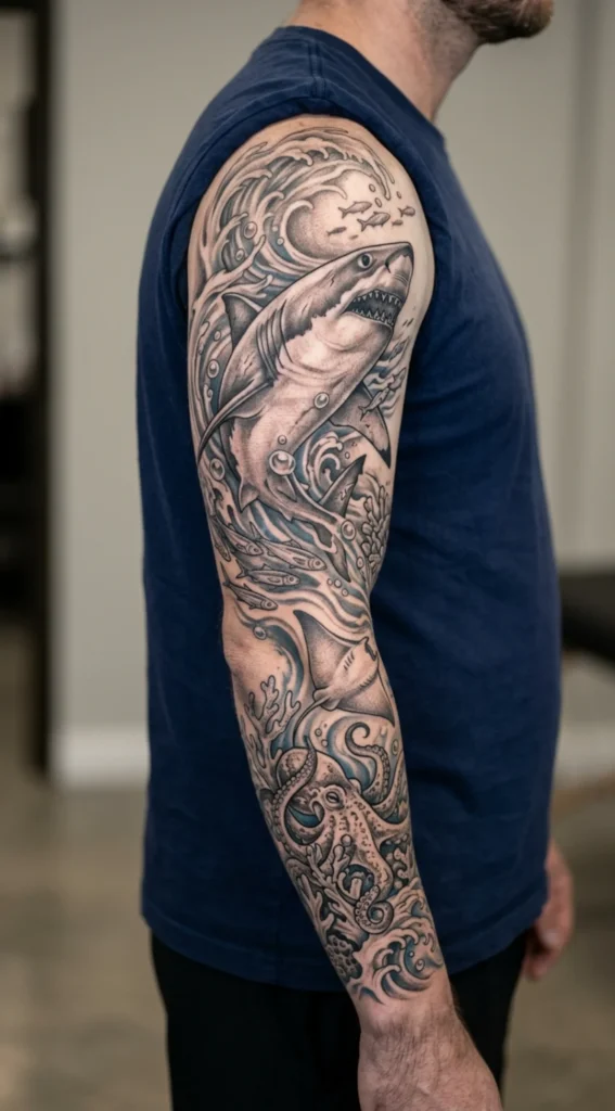 Great White Shark Sleeve Tattoo