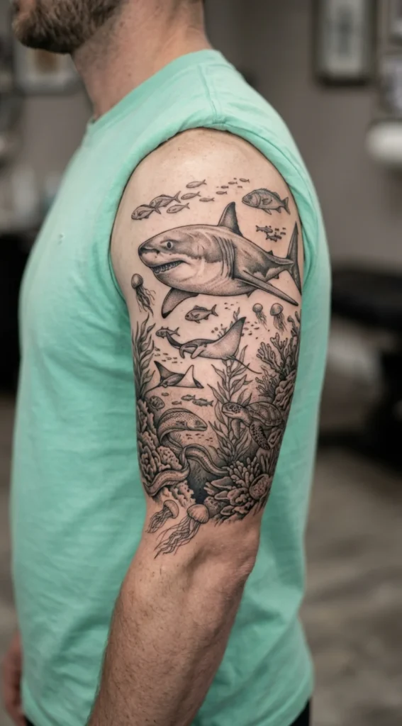 Great White Shark Underwater Ecosystem Tattoo