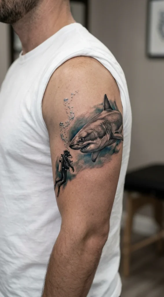 Great White Shark and Diver Encounter
