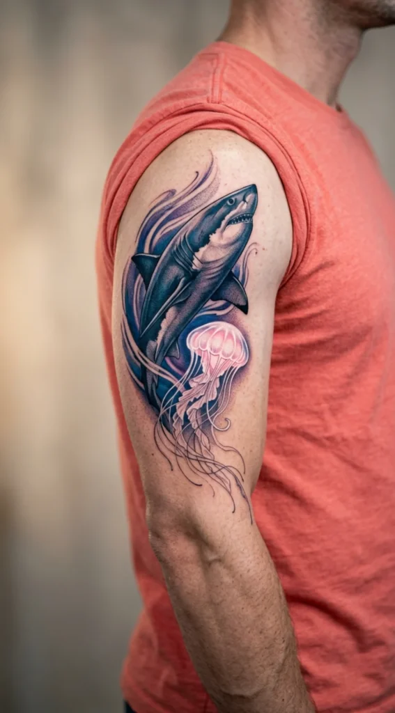 Great White Shark and Jellyfish Composition