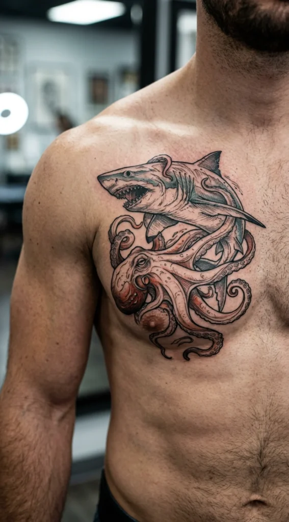 Great White Shark and Octopus Battle