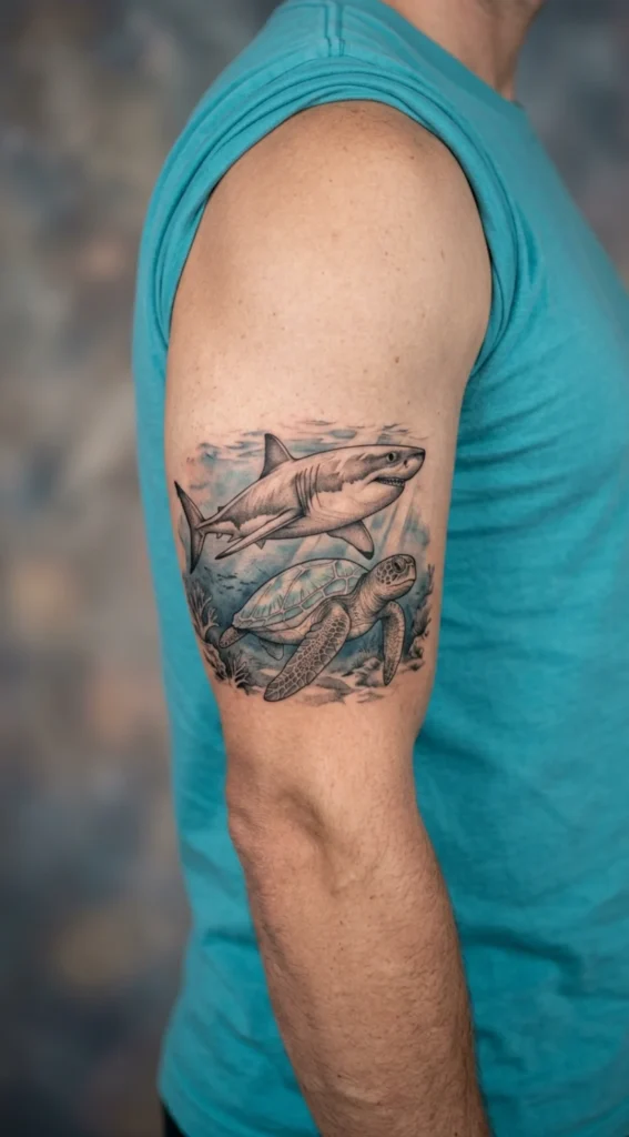 Great White Shark and Sea Turtle Scene