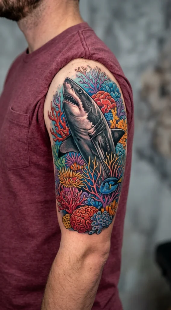 Great White Shark with Coral Reef Details