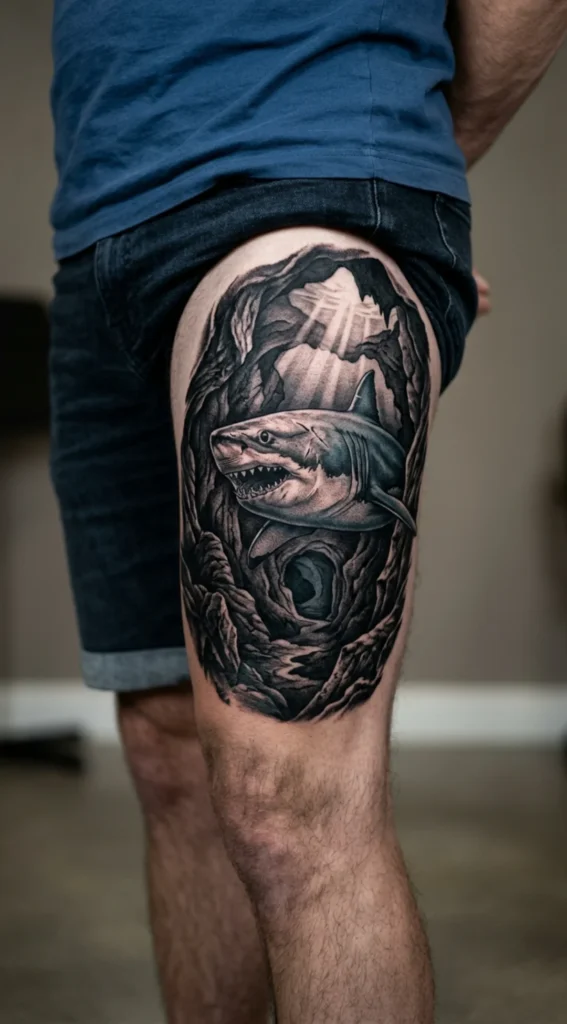 Great White Shark with Deep Sea Cave