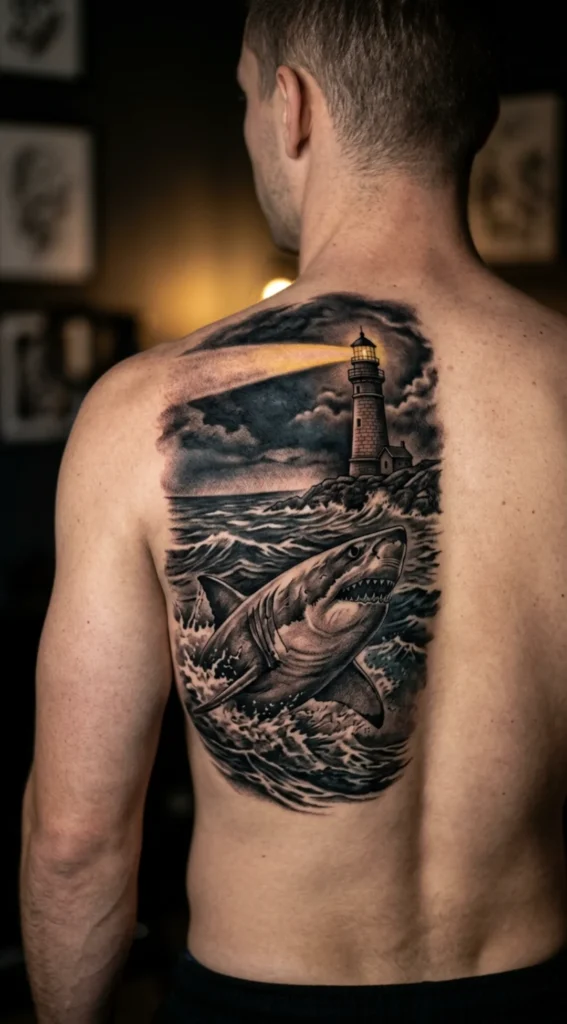 Great White Shark with Lighthouse Background