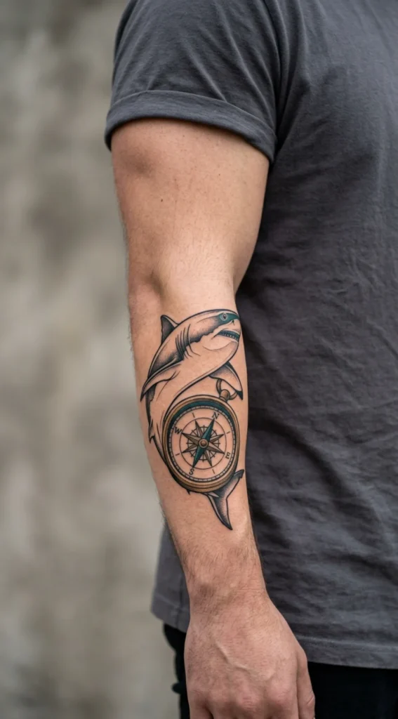 Great White Shark with Nautical Compass