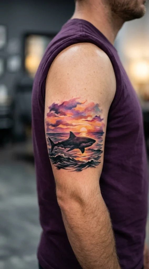 Great White Shark with Ocean Sunset