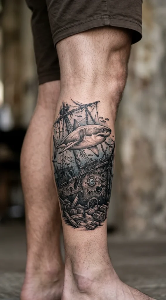 Great White Shark with Shipwreck Scene