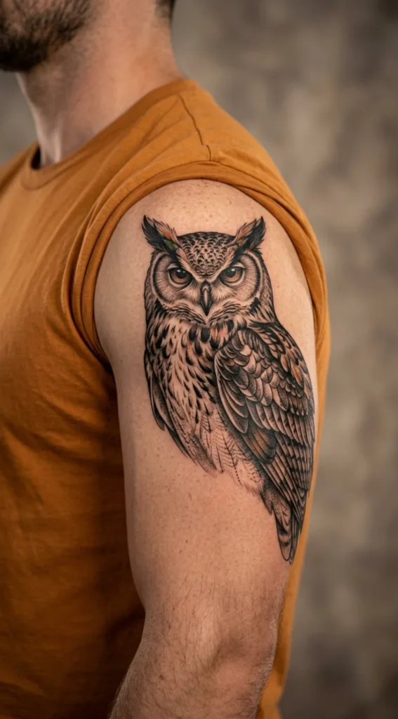 Guardian Owl Shoulder Tattoo