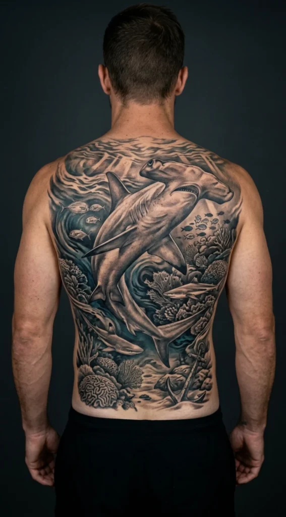 Hammerhead Shark Back Tattoo