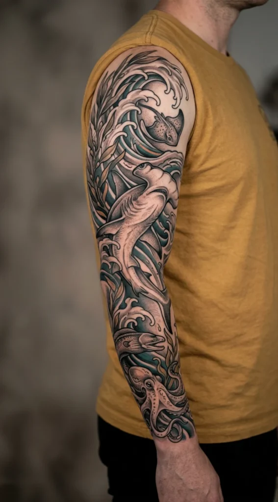Hammerhead Shark Sleeve Tattoo