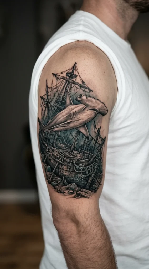 Hammerhead Shark and Shipwreck