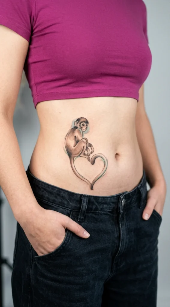 Heart Tail Monkey Belly Tattoo