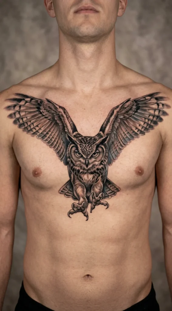 Hunting Owl Chest Tattoo