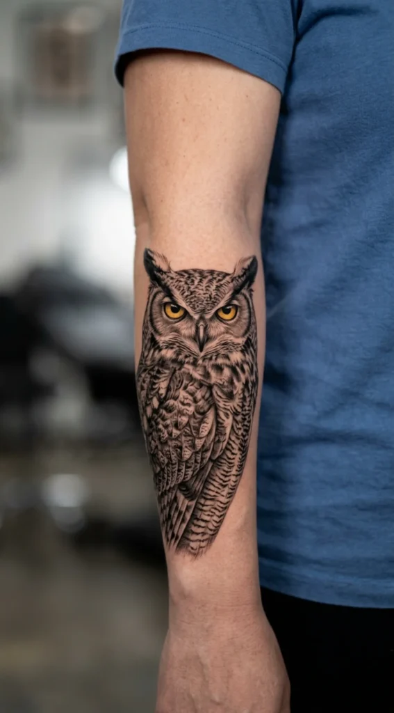 Hyper-Realistic Great Horned Owl Forearm Tattoo