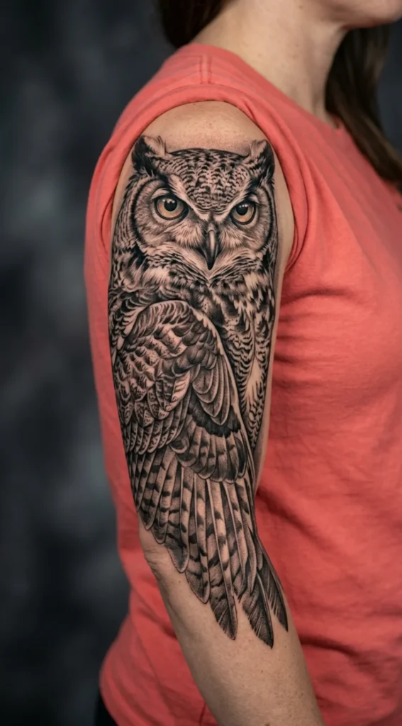 Hyper Realistic Owl Half Sleeve Tattoo