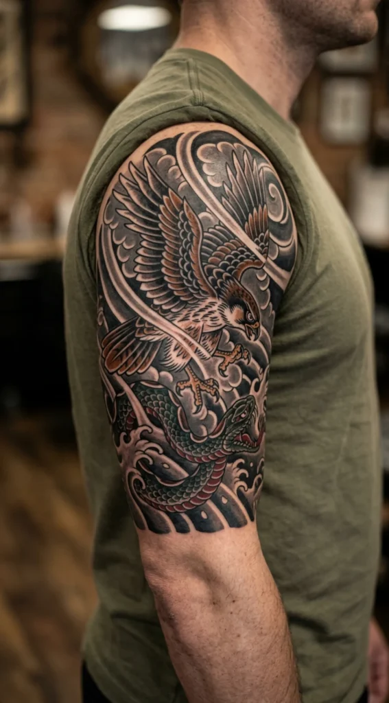Japanese-Inspired Falcon and Serpent Design