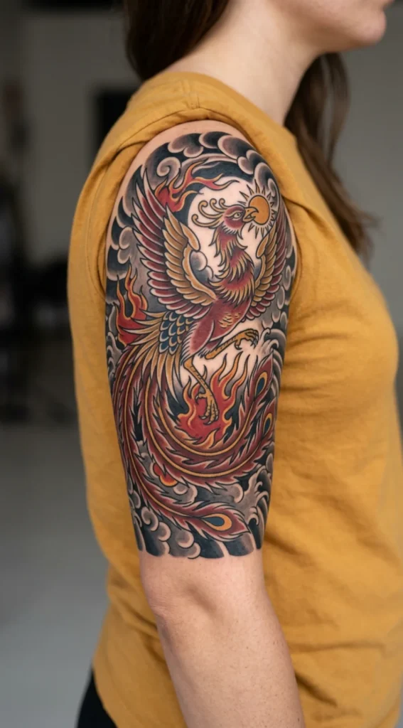 Japanese Inspired Phoenix Rising from Flames
