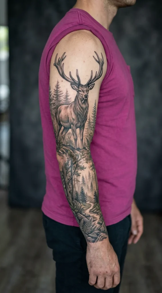 Majestic Stag Full Sleeve with Forest Landscape