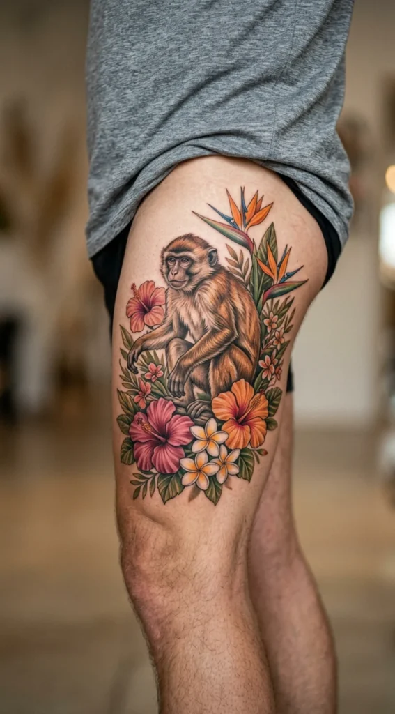 Monkey with Tropical Flowers