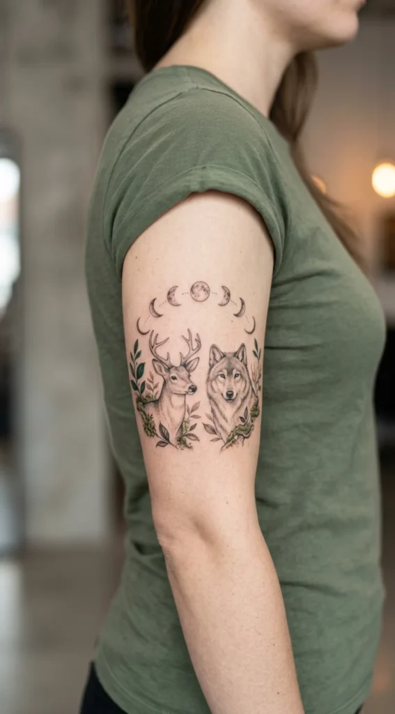 Moon Phase Deer and Wolf Tattoo