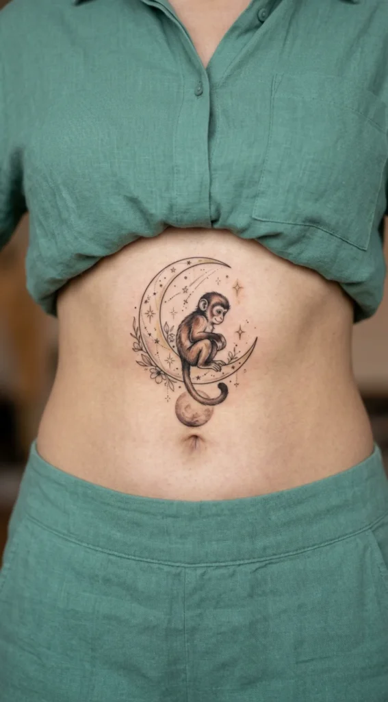 Moon and Monkey Belly Tattoo