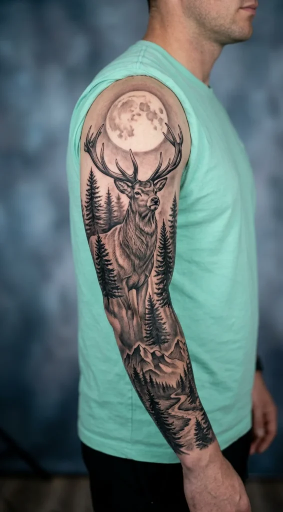 Moonlit Stag Full Sleeve with Pine Trees