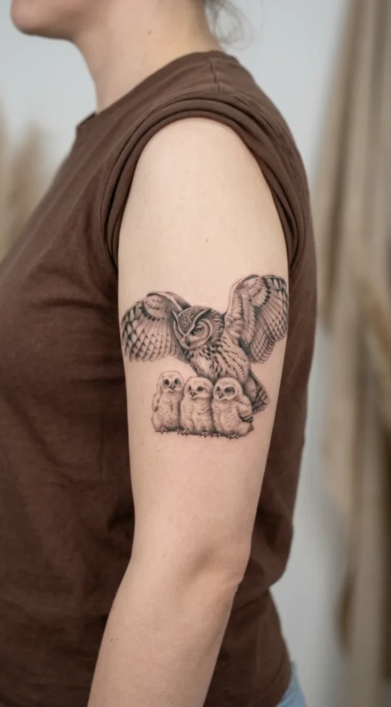  Mother Owl with Baby Owlets Tattoo