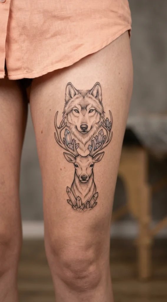 Mystical Deer and Wolf with Crystal Elements