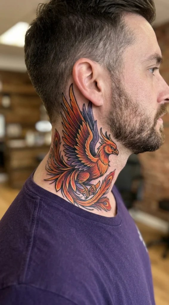 Neo-Traditional Color Phoenix Neck Tattoo
