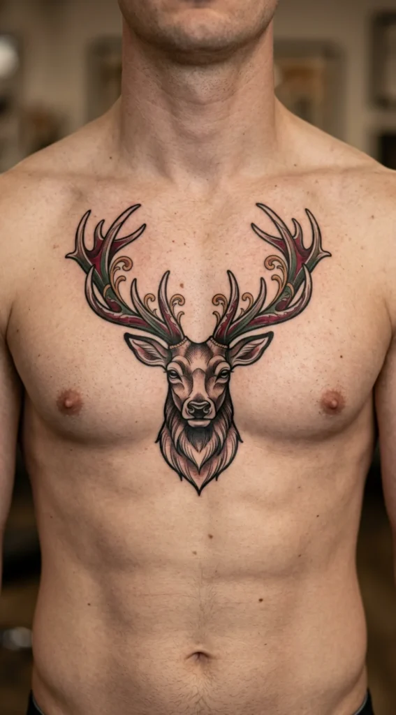 Neo Traditional Deer Chest Tattoo