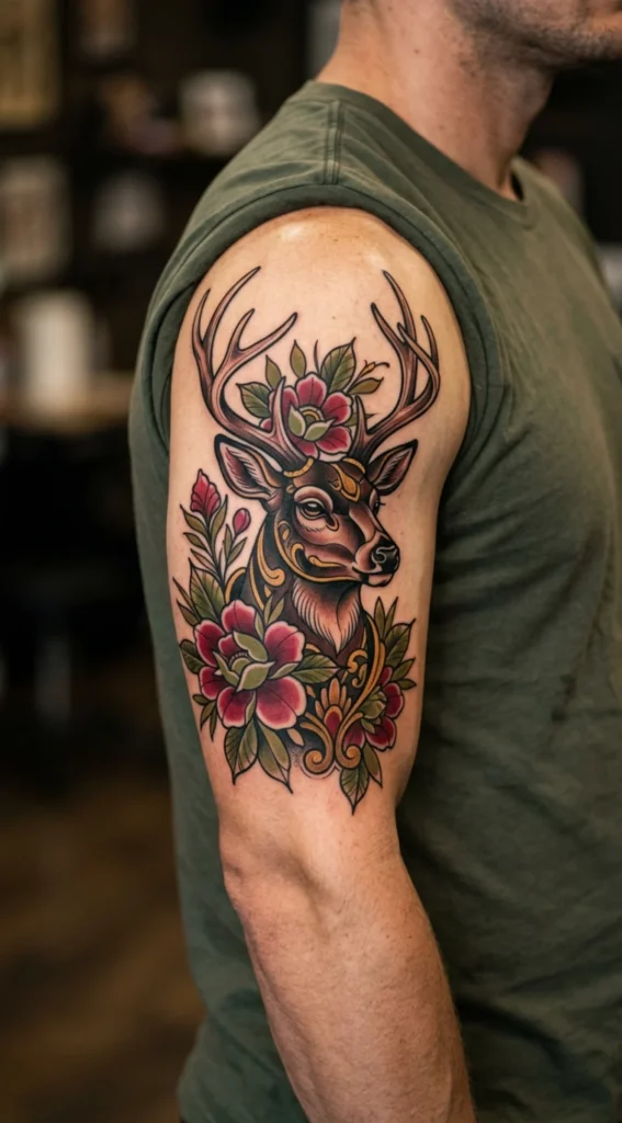Neo Traditional Deer with Bold Florals