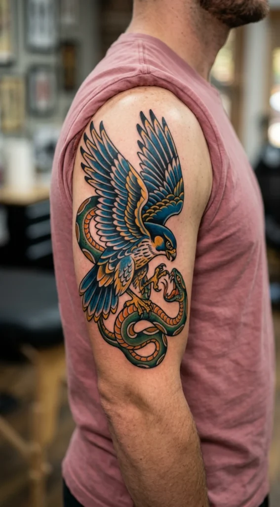 Neo-Traditional Falcon Battling a Serpent