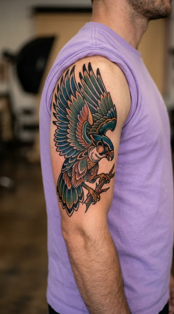 Neo-Traditional Falcon with Bold Feathers