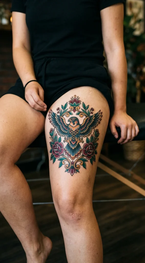 Neo-Traditional Falcon with Bold Floral Frame
