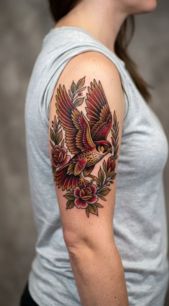 Neo-Traditional Falcon with Soft Floral Frame