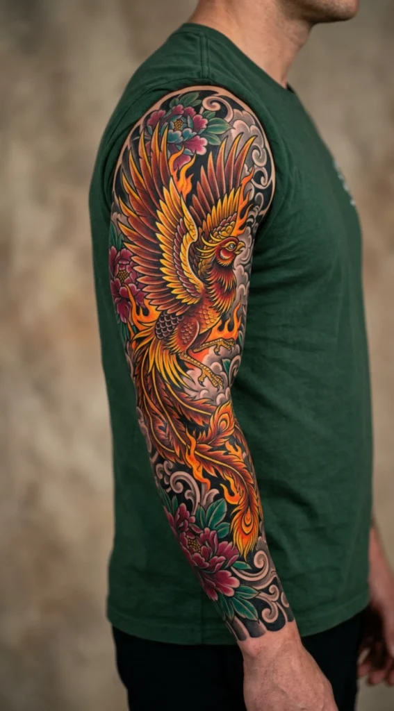 Neo-Traditional Full Sleeve Phoenix Tattoo