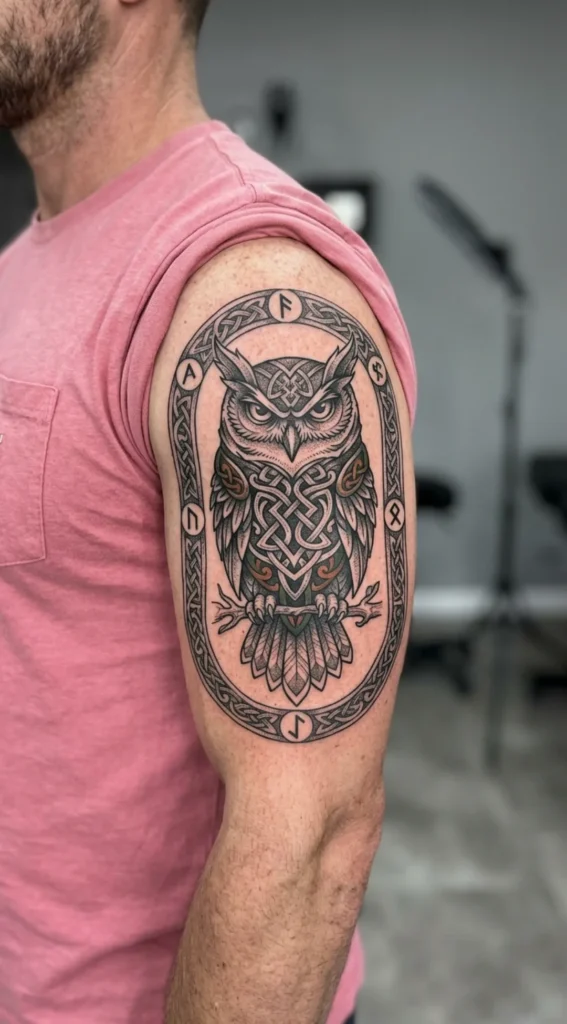 Norse Owl with Viking Runes Tattoo