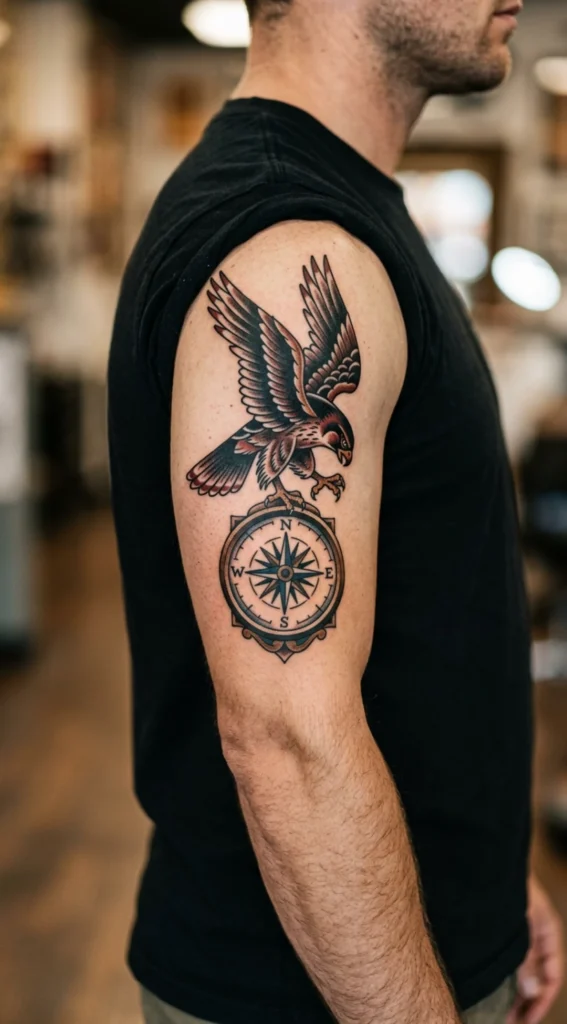 Old School Falcon and Compass Tattoo