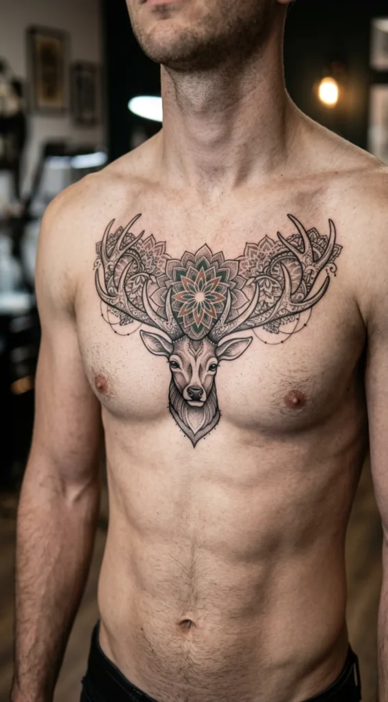 Ornamental Deer Chest Tattoo