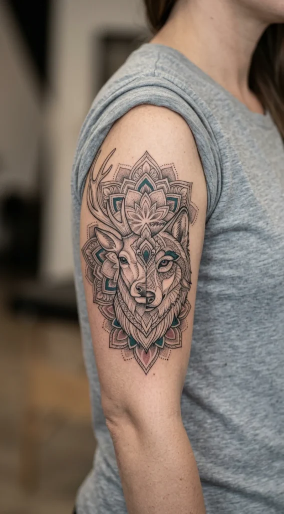 Ornamental Deer and Wolf with Mandala Details