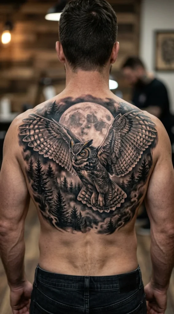 Owl Back Tattoo with Full Moon