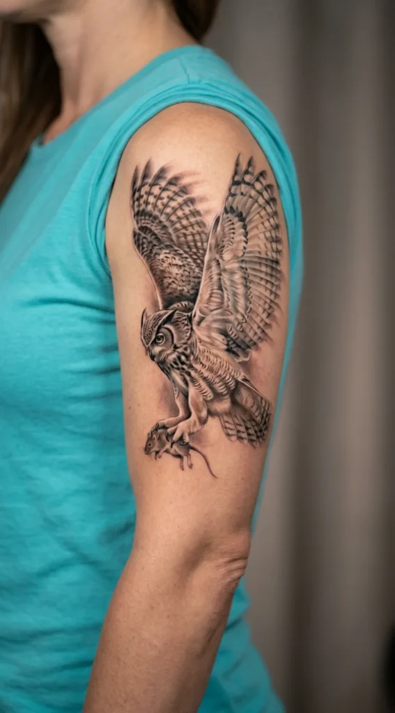 Owl Catching Prey Mid-Flight Tattoo